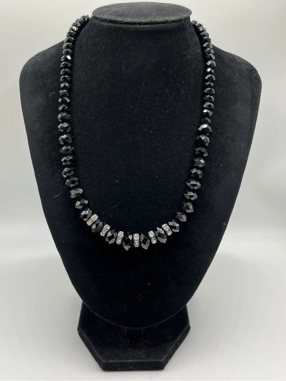 2028 Graduated Jet Black Faceted Glass Crystal Accent Signed Necklace